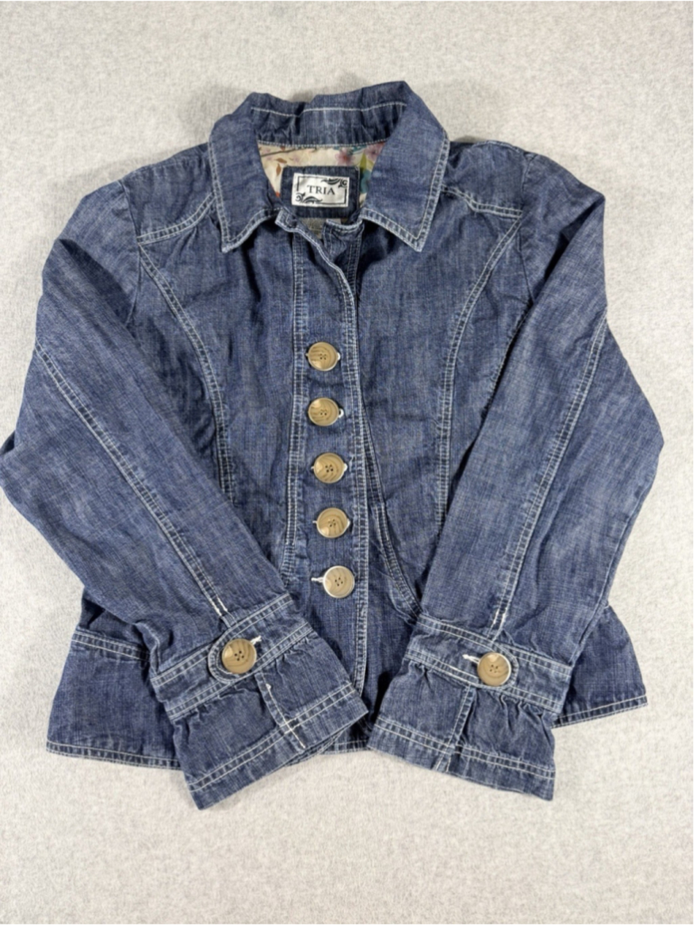 TRIA Women’s Chambray Denim Jacket Floral Lined Button Front Blue Size Large